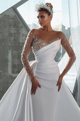 Glamorous Long White Long Sleeves Satin Crystal Wedding Dress With Detachable Train-misshow.com