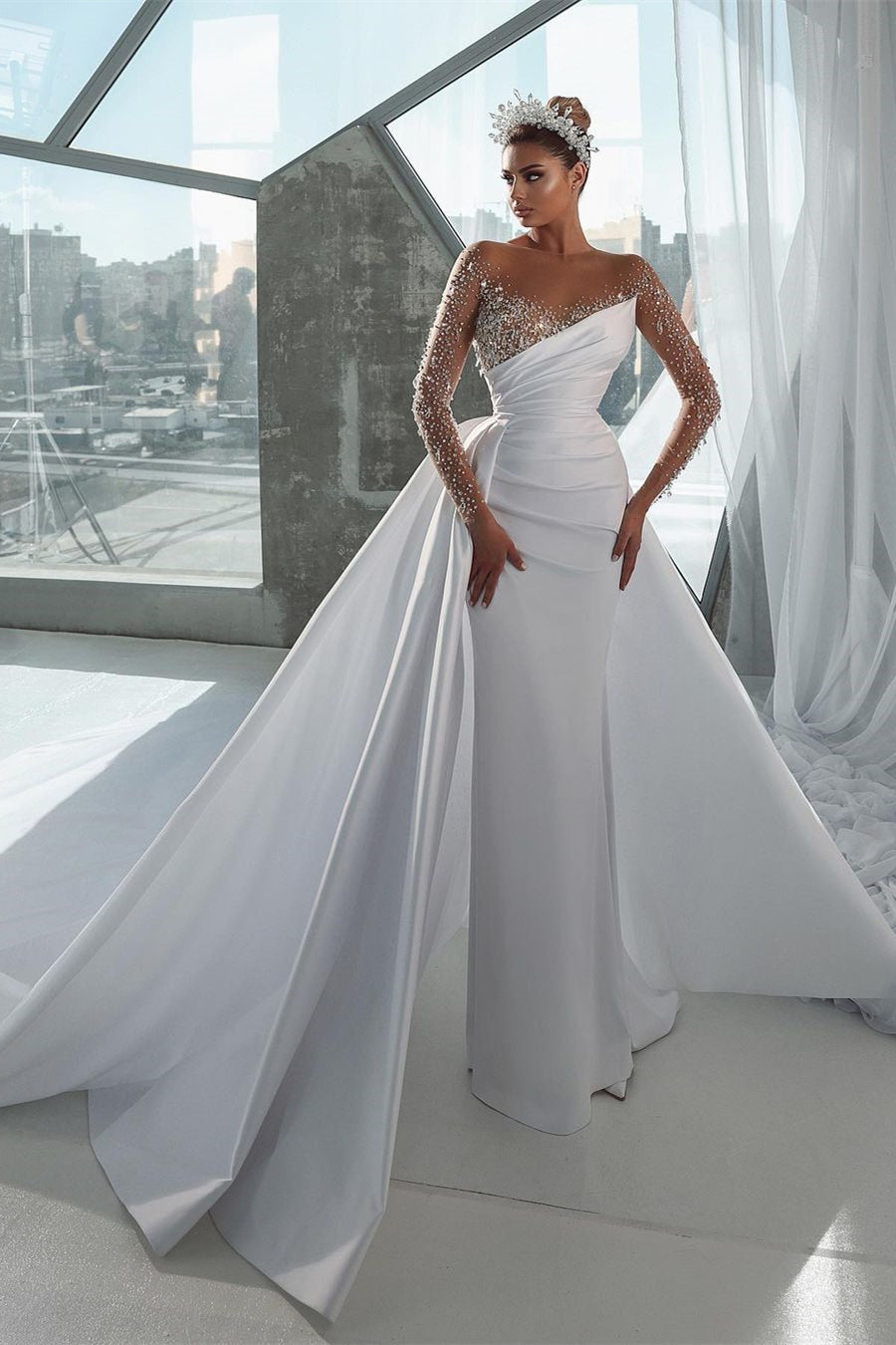 Glamorous Long White Long Sleeves Satin Crystal Wedding Dress With Detachable Train-misshow.com