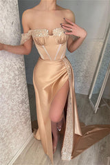 Glamorous Off-the-shoulder Sequined Sleeveless Mermaid Prom Dress With Slit-misshow.com