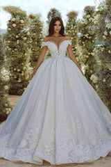 Glamorous Off-the-shoulder V-neck Appliques Lace A-line Wedding Dress-misshow.com