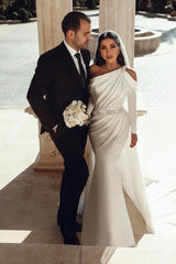 Glamorous one shoulder long sleeves mermaid satin Wedding dress with ruffles-misshow.com