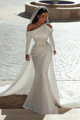 Glamorous one shoulder long sleeves mermaid satin Wedding dress with ruffles-misshow.com