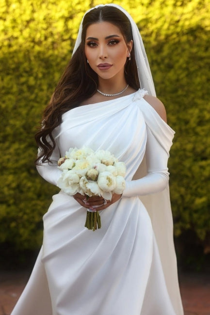 Glamorous one shoulder long sleeves mermaid satin Wedding dress with ruffles-misshow.com