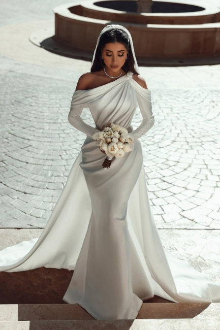 Glamorous one shoulder long sleeves mermaid satin Wedding dress with ruffles-misshow.com