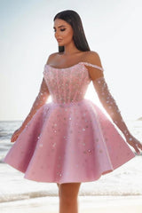 Glamorous Short Pink Cocktail Dresses Off-the-shoulder Glitter Prom Dress With Lace