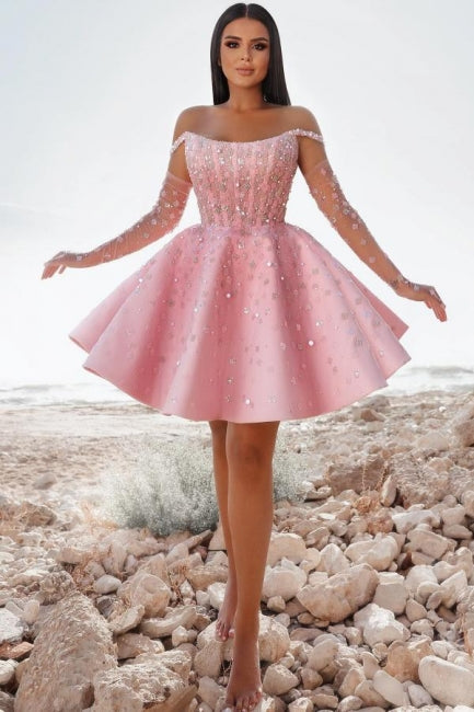 Glamorous Short Pink Cocktail Dresses Off-the-shoulder Glitter Prom Dress With Lace