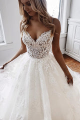 Glamorous Spaghetti-Straps Lace Appliques Tulle A-Line Wedding Dresses-misshow.com