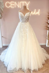 Glamorous spaghetti straps sleeveless a-line lace Wedding dresses-misshow.com