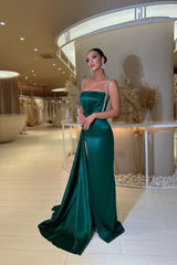 Glamorous spaghetti straps sleeveless a-line satin prom dresses sequined-misshow.com