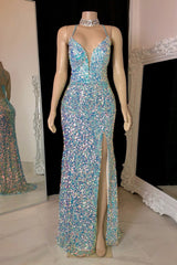 Glamorous Spaghetti Straps V-neck Sequined Sleeveless Prom Dress With Slit-misshow.com