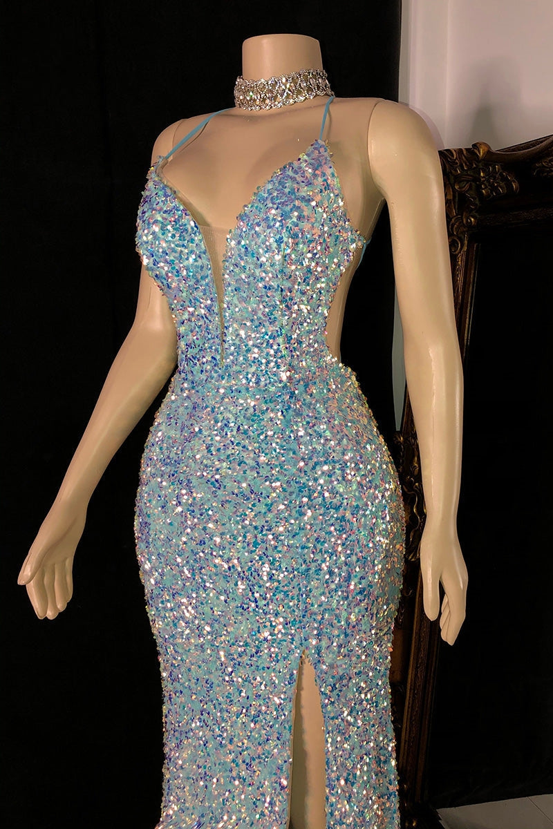 Glamorous Spaghetti Straps V-neck Sequined Sleeveless Prom Dress With Slit-misshow.com