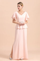 Glamorous V-Neck Front Slit Mother of Bride Dresses with Beadings Sash-misshow.com