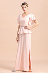 Glamorous V-Neck Front Slit Mother of Bride Dresses with Beadings Sash-misshow.com