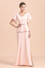 Glamorous V-Neck Front Slit Mother of Bride Dresses with Beadings Sash-misshow.com