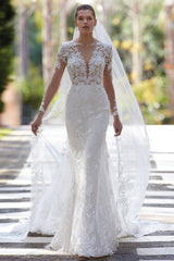 Glamorous V-neck Mermaid Appliques Long Sleeves Wedding Dress With Lace-misshow.com