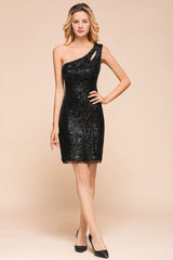 MISSHOW offers Glitter Black Sequins One Shoulder Mini Party Dress Short Cocktail Dress at a good price from Apricot,Black,Silver,Sequined to Column Mini them. Stunning yet affordable Cap Sleeves Prom Dresses,Evening Dresses.