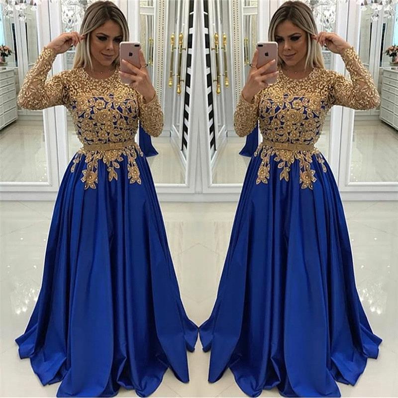 Gold Beads Lace Appliques Evening Dress with Sleeves-misshow.com