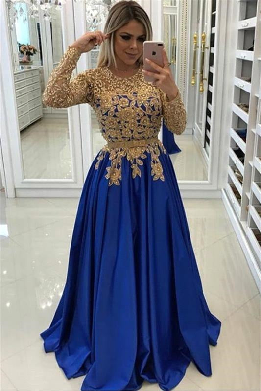 Gold Beads Lace Appliques Evening Dress with Sleeves-misshow.com