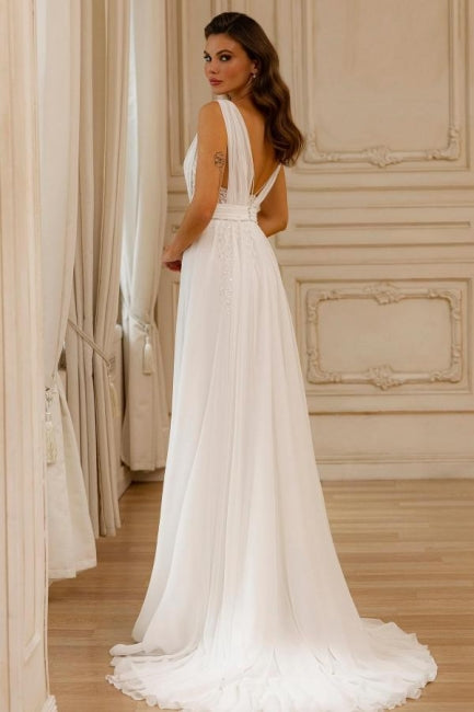 Gorgeous A-Line Chiffon Lace V-Neck Sleeveless White Wedding Dresses With Openback