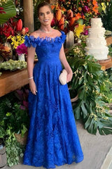 Gorgeous A-Line Lace Off-The-Shoulder Sleeveless Blue Prom Dresses With Appliques