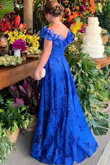 Gorgeous A-Line Lace Off-The-Shoulder Sleeveless Blue Prom Dresses With Appliques