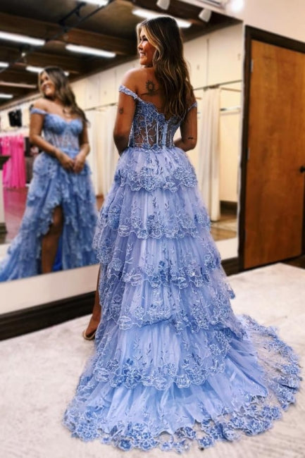 Gorgeous A-Line Lace Off-The-Shoulder Sleeveless Prom Dresses With Split