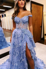 Gorgeous A-Line Lace Off-The-Shoulder Sleeveless Prom Dresses With Split