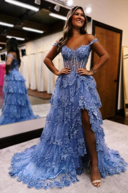 Gorgeous A-Line Lace Off-The-Shoulder Sleeveless Prom Dresses With Split