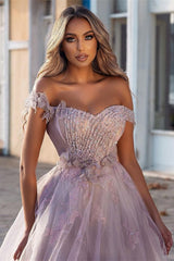 Gorgeous A-line Off-the-shoulder Tulle Prom Dress With Beads-misshow.com