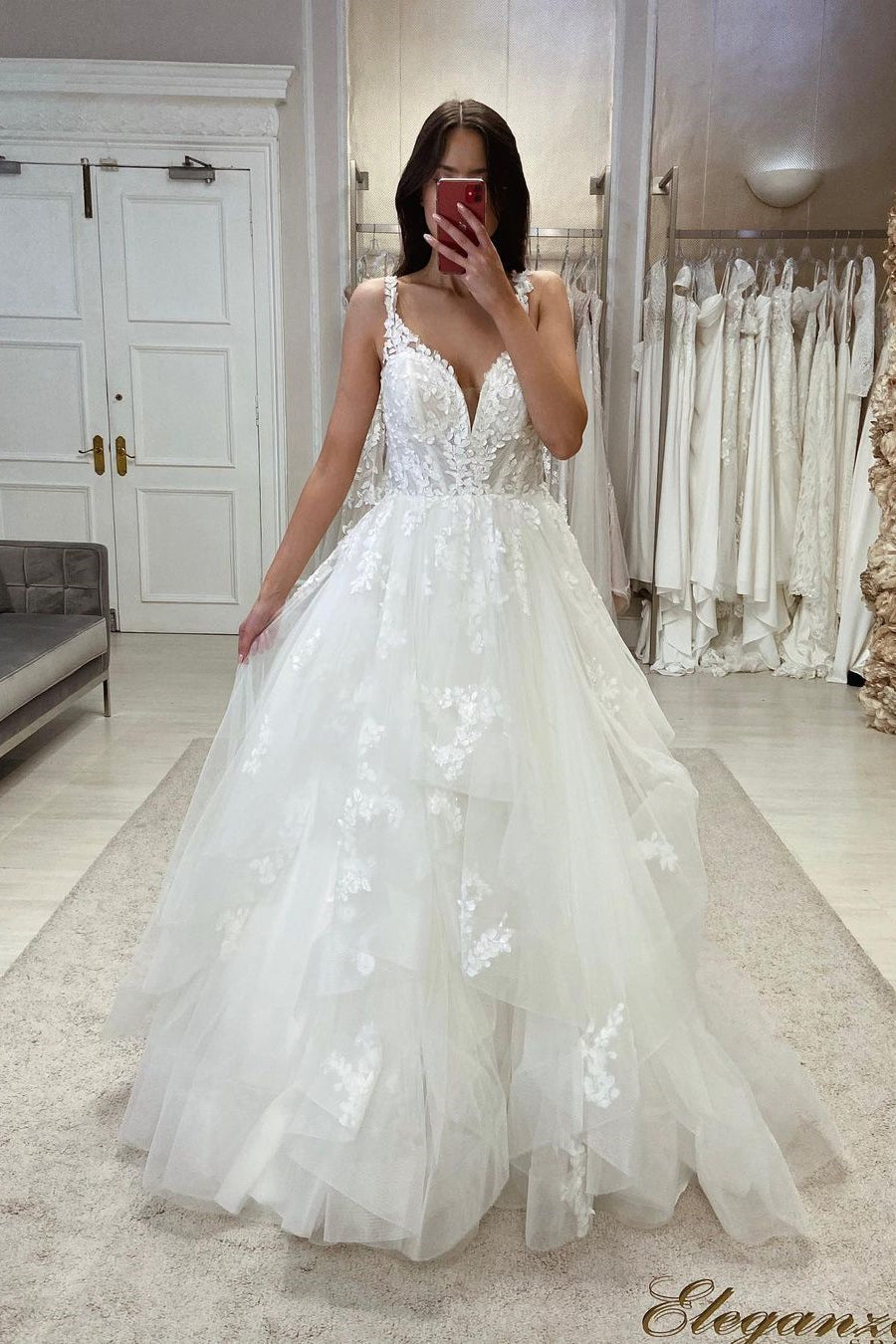 Gorgeous A-line Spaghetti straps V-neck Sleeveless Wedding Dress With Lace-misshow.com