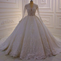 Gorgeous A-line White V-neck Long Sleeves Lace Sequined Wedding Dress-misshow.com