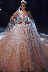 Gorgeous Beading Floral Bridal Wears Sheer Neck Long Sleeves Princess Wedding Dress-misshow.com