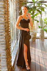 Gorgeous Black Mermaid Straps Sequined Prom Dress With Slit-misshow.com