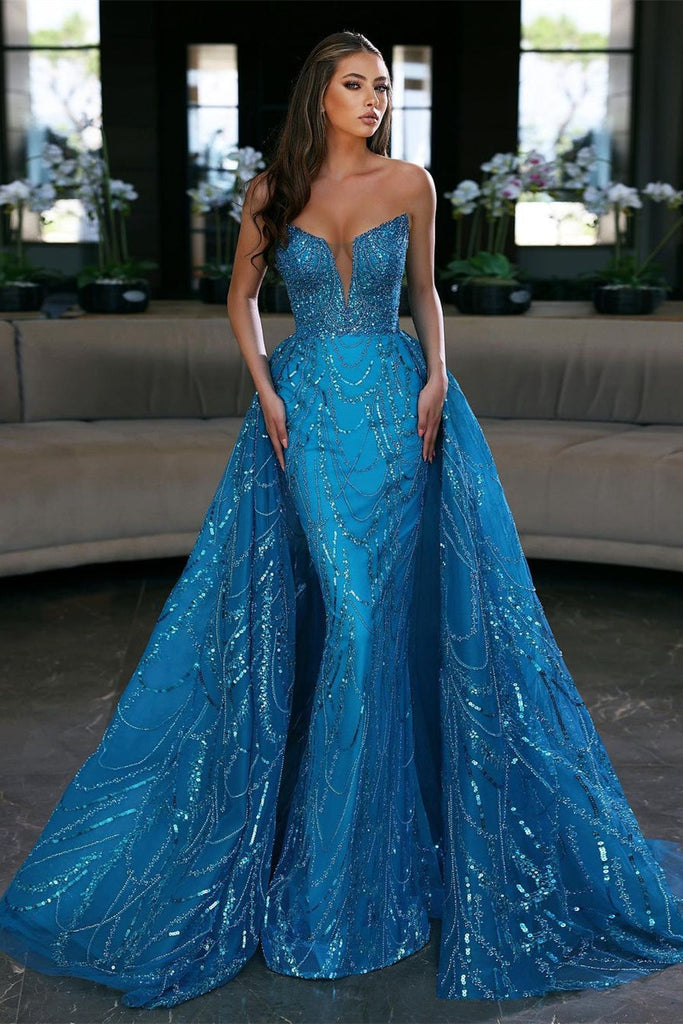 Gorgeous Blue Long Mermaid Sleeveless Prom Dress With Detachable Train misshow