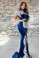 Gorgeous Blue Sweetheart Column Appliques Sleeveless Split Front Floor-length Prom Dresses with Train-misshow.com