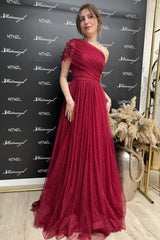 Gorgeous Burgundy Long Glitter A-line One Shoulder Sleeveless Evening Dresses With Slit-misshow.com