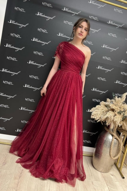 Gorgeous Burgundy Long Glitter A-line One Shoulder Sleeveless Evening Dresses With Slit-misshow.com