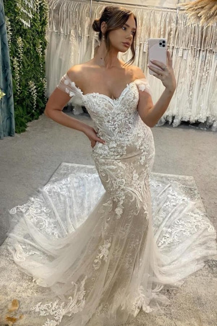 Gorgeous Column Lace Off-The-Shoulder Sleeveless White Wedding Dresses With Appliques Train