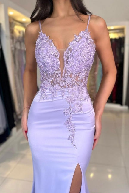 Gorgeous Column Satin Lace V-Neck Sleeveless Prom Dresses With Appliques Split