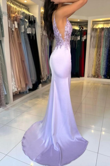 Gorgeous Column Satin Lace V-Neck Sleeveless Prom Dresses With Appliques Split