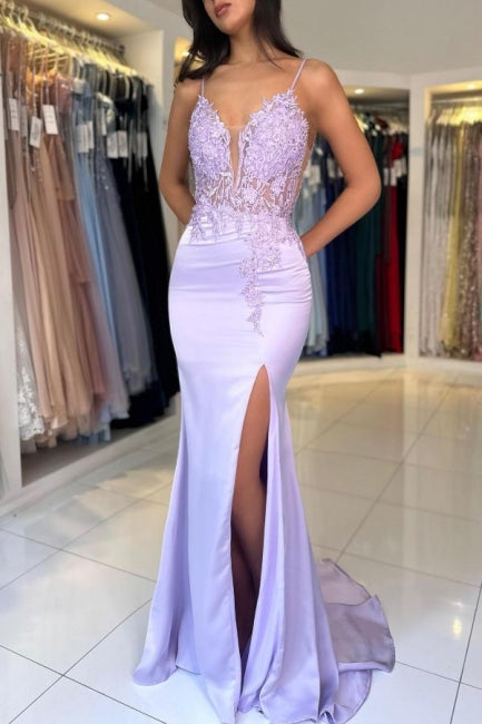 Gorgeous Column Satin Lace V-Neck Sleeveless Prom Dresses With Appliques Split