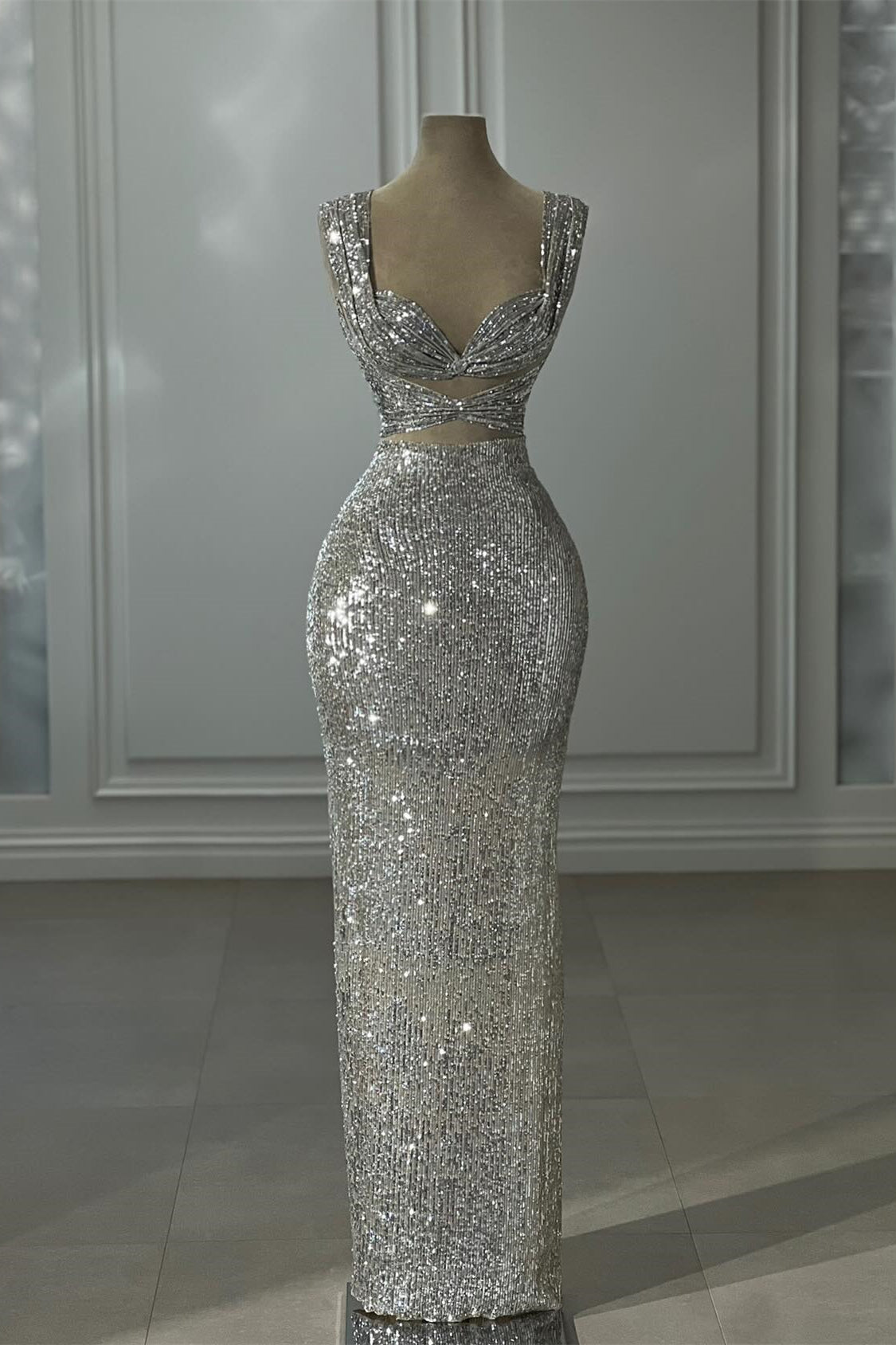 Gorgeous Column Sequined Off-The-Shoulder Sleeveless Silver Prom Dress With Sequined