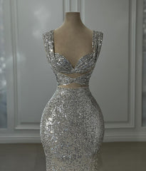 Gorgeous Column Sequined Off-The-Shoulder Sleeveless Silver Prom Dress With Sequined