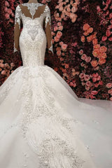 Gorgeous Crystals Mermaid Bridal Wears Long Sleeves Chapel Train Wedding Dress-misshow.com