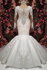 Gorgeous Crystals Mermaid Bridal Wears Long Sleeves Chapel Train Wedding Dress-misshow.com