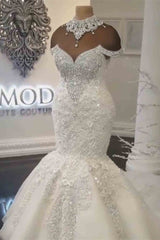 Gorgeous Crystals Mermaid Wedding Dress Off-the-Shoulder Appliques Bridal Wears-misshow.com