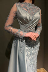 Gorgeous Grey Long Sleeves Jewel Mermaid Stretch Satin Prom Dress with Appliques-misshow.com