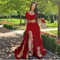 Gorgeous Halter Red Velvet Mermaid Evening Gown with Gold Appliques Half Sleeves-misshow.com