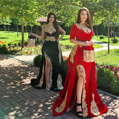 Gorgeous Halter Red Velvet Mermaid Evening Gown with Gold Appliques Half Sleeves-misshow.com