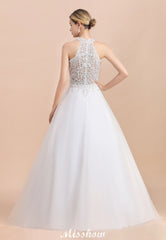 Looking for  in Tulle, A-line style, and Gorgeous Rhinestone work  MISSHOW has all covered on this elegant Gorgeous Halter Rhinstones Wedding Dress White Tulle Lace Appliques Aline Bridal Gown